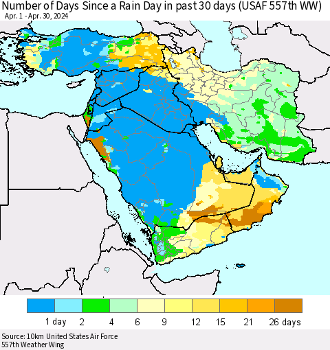 Middle East and Turkey Number of Days Since a Rain Day in past 30 days (USAF 557th WW) Thematic Map For 4/26/2024 - 4/30/2024