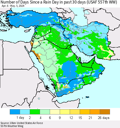Middle East and Turkey Number of Days Since a Rain Day in past 30 days (USAF 557th WW) Thematic Map For 5/1/2024 - 5/5/2024