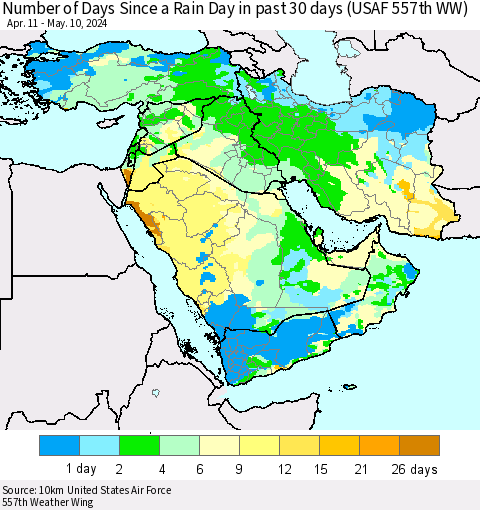 Middle East and Turkey Number of Days Since a Rain Day in past 30 days (USAF 557th WW) Thematic Map For 5/6/2024 - 5/10/2024