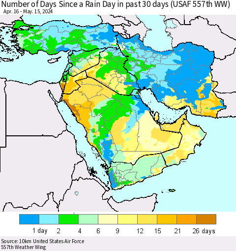 Middle East and Turkey Number of Days Since a Rain Day in past 30 days (USAF 557th WW) Thematic Map For 5/11/2024 - 5/15/2024