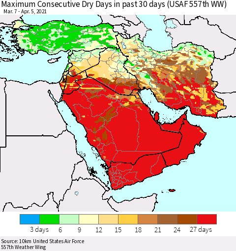 Middle East and Turkey Maximum Consecutive Dry Days in past 30 days (USAF 557th WW) 04/05/2021 Thematic Map For 4/1/2021 - 4/5/2021