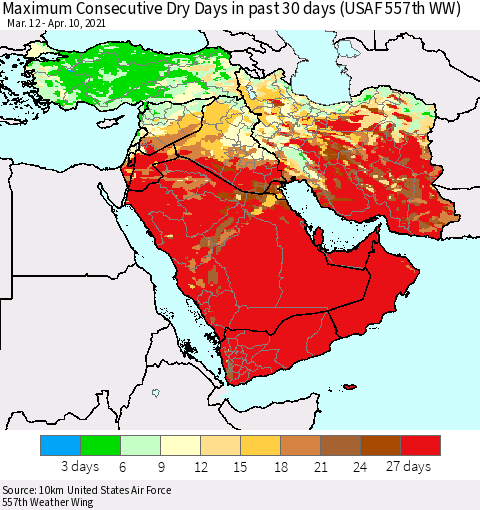Middle East and Turkey Maximum Consecutive Dry Days in past 30 days (USAF 557th WW) 04/10/2021 Thematic Map For 4/6/2021 - 4/10/2021