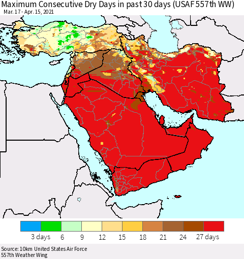 Middle East and Turkey Maximum Consecutive Dry Days in past 30 days (USAF 557th WW) 04/15/2021 Thematic Map For 4/11/2021 - 4/15/2021