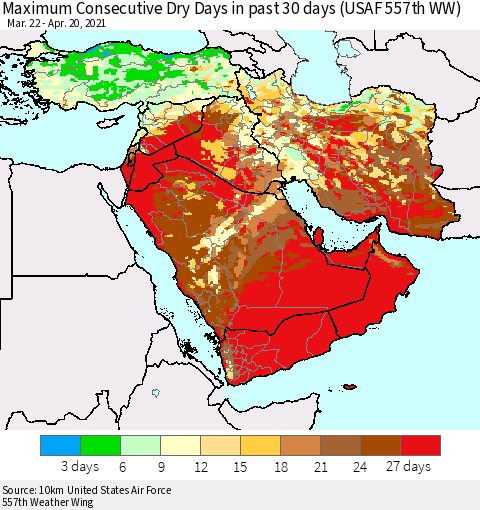 Middle East and Turkey Maximum Consecutive Dry Days in past 30 days (USAF 557th WW) 04/20/2021 Thematic Map For 4/16/2021 - 4/20/2021