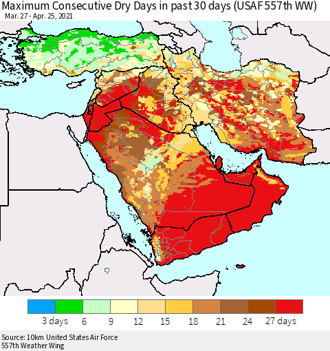 Middle East and Turkey Maximum Consecutive Dry Days in past 30 days (USAF 557th WW) 04/25/2021 Thematic Map For 4/21/2021 - 4/25/2021