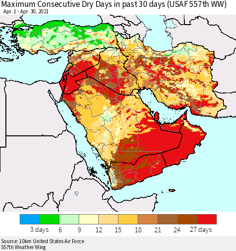 Middle East and Turkey Maximum Consecutive Dry Days in past 30 days (USAF 557th WW) 04/30/2021 Thematic Map For 4/26/2021 - 4/30/2021