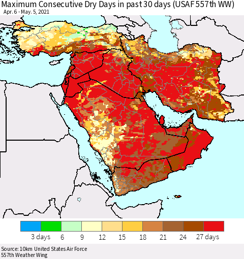 Middle East and Turkey Maximum Consecutive Dry Days in past 30 days (USAF 557th WW) 05/05/2021 Thematic Map For 5/1/2021 - 5/5/2021