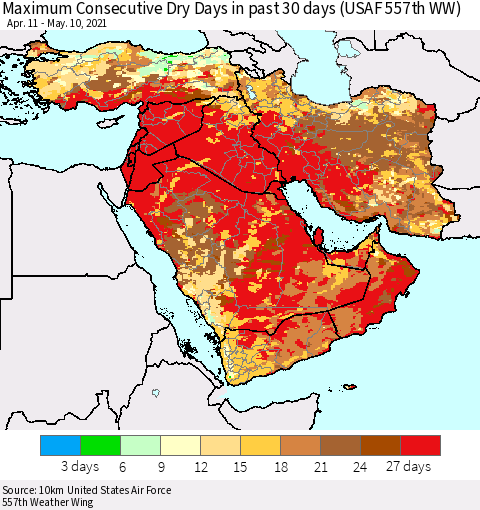Middle East and Turkey Maximum Consecutive Dry Days in past 30 days (USAF 557th WW) 05/10/2021 Thematic Map For 5/6/2021 - 5/10/2021