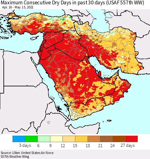 Middle East and Turkey Maximum Consecutive Dry Days in past 30 days (USAF 557th WW) 05/15/2021 Thematic Map For 5/11/2021 - 5/15/2021
