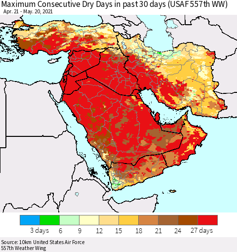Middle East and Turkey Maximum Consecutive Dry Days in past 30 days (USAF 557th WW) 05/20/2021 Thematic Map For 5/16/2021 - 5/20/2021