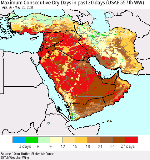 Middle East and Turkey Maximum Consecutive Dry Days in past 30 days (USAF 557th WW) 05/25/2021 Thematic Map For 5/21/2021 - 5/25/2021