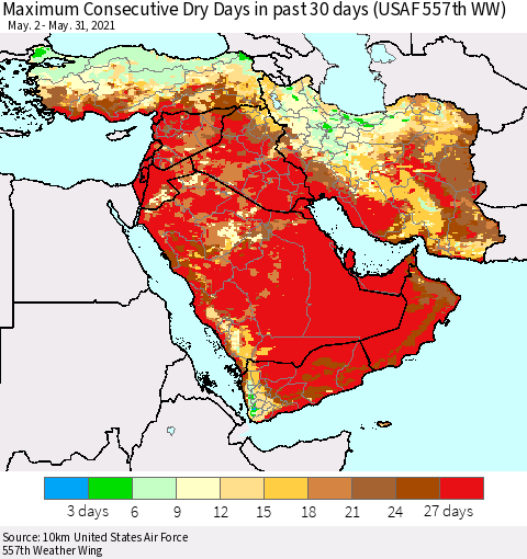 Middle East and Turkey Maximum Consecutive Dry Days in past 30 days (USAF 557th WW) 05/31/2021 Thematic Map For 5/26/2021 - 5/31/2021
