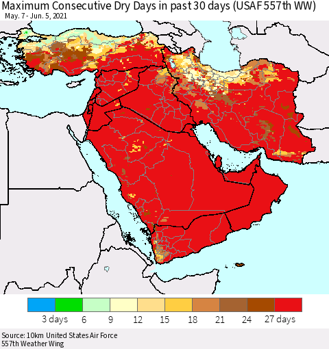 Middle East and Turkey Maximum Consecutive Dry Days in past 30 days (USAF 557th WW) 06/05/2021 Thematic Map For 6/1/2021 - 6/5/2021