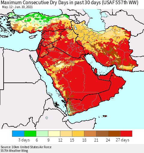 Middle East and Turkey Maximum Consecutive Dry Days in past 30 days (USAF 557th WW) 06/10/2021 Thematic Map For 6/6/2021 - 6/10/2021
