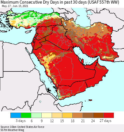 Middle East and Turkey Maximum Consecutive Dry Days in past 30 days (USAF 557th WW) 06/15/2021 Thematic Map For 6/11/2021 - 6/15/2021