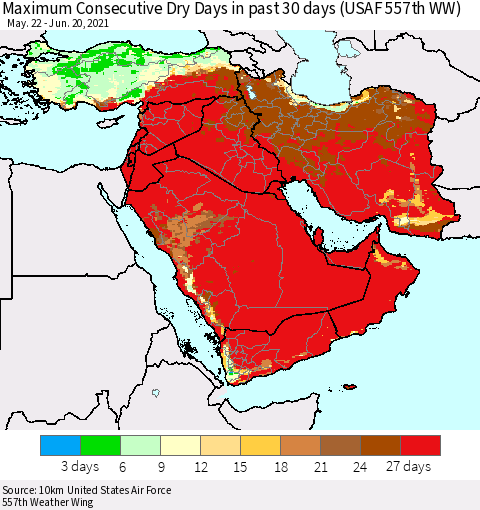 Middle East and Turkey Maximum Consecutive Dry Days in past 30 days (USAF 557th WW) 06/20/2021 Thematic Map For 6/16/2021 - 6/20/2021