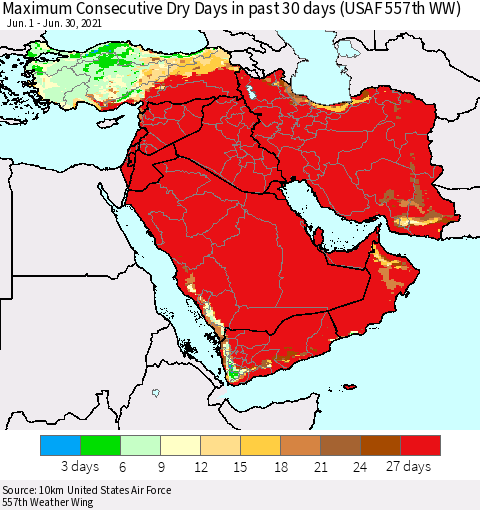 Middle East and Turkey Maximum Consecutive Dry Days in past 30 days (USAF 557th WW) 06/30/2021 Thematic Map For 6/26/2021 - 6/30/2021
