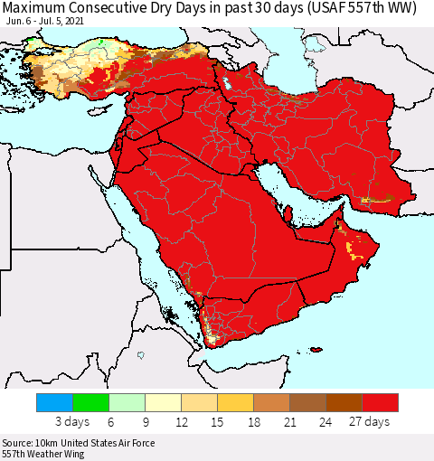 Middle East and Turkey Maximum Consecutive Dry Days in past 30 days (USAF 557th WW) 07/05/2021 Thematic Map For 7/1/2021 - 7/5/2021