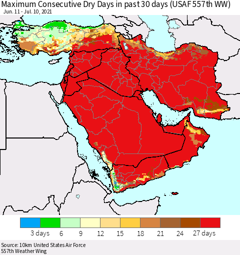 Middle East and Turkey Maximum Consecutive Dry Days in past 30 days (USAF 557th WW) 07/10/2021 Thematic Map For 7/6/2021 - 7/10/2021