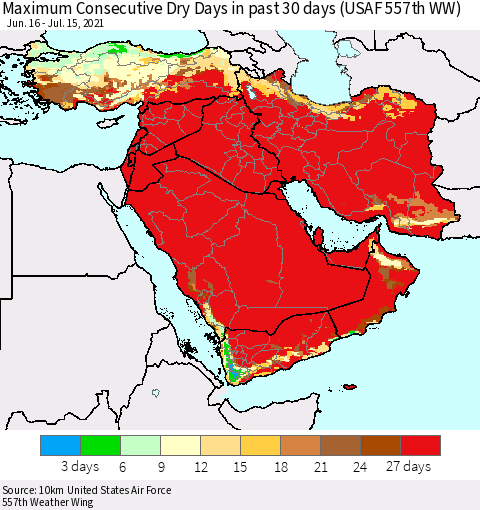 Middle East and Turkey Maximum Consecutive Dry Days in past 30 days (USAF 557th WW) 07/15/2021 Thematic Map For 7/11/2021 - 7/15/2021