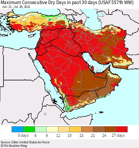 Middle East and Turkey Maximum Consecutive Dry Days in past 30 days (USAF 557th WW) 07/20/2021 Thematic Map For 7/16/2021 - 7/20/2021
