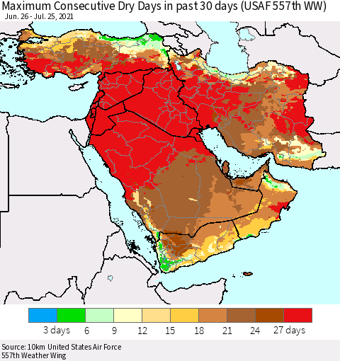 Middle East and Turkey Maximum Consecutive Dry Days in past 30 days (USAF 557th WW) 07/25/2021 Thematic Map For 7/21/2021 - 7/25/2021