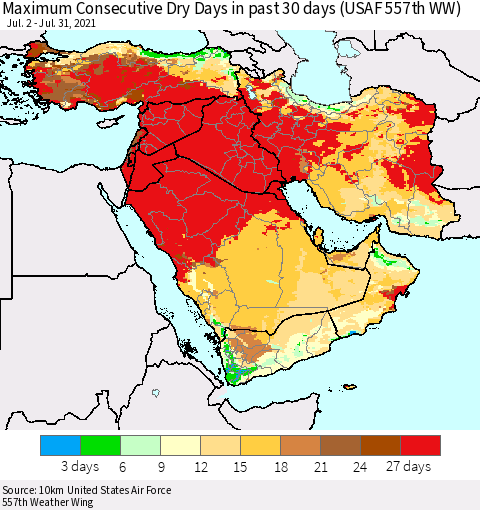 Middle East and Turkey Maximum Consecutive Dry Days in past 30 days (USAF 557th WW) 07/31/2021 Thematic Map For 7/26/2021 - 7/31/2021