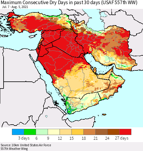 Middle East and Turkey Maximum Consecutive Dry Days in past 30 days (USAF 557th WW) 08/05/2021 Thematic Map For 8/1/2021 - 8/5/2021