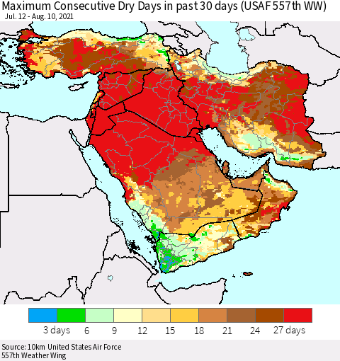 Middle East and Turkey Maximum Consecutive Dry Days in past 30 days (USAF 557th WW) 08/10/2021 Thematic Map For 8/6/2021 - 8/10/2021