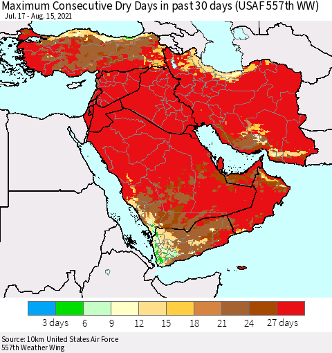 Middle East and Turkey Maximum Consecutive Dry Days in past 30 days (USAF 557th WW) 08/15/2021 Thematic Map For 8/11/2021 - 8/15/2021