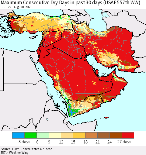 Middle East and Turkey Maximum Consecutive Dry Days in past 30 days (USAF 557th WW) 08/20/2021 Thematic Map For 8/16/2021 - 8/20/2021