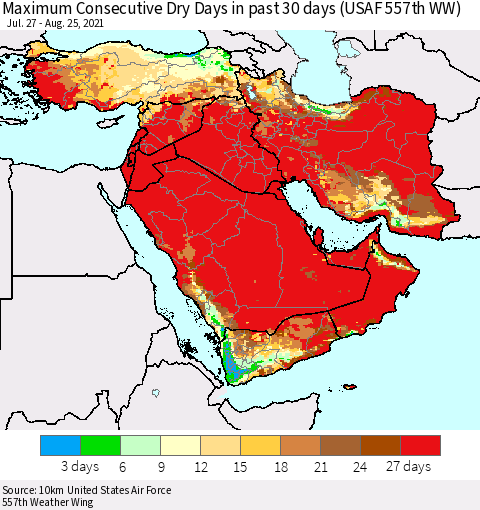 Middle East and Turkey Maximum Consecutive Dry Days in past 30 days (USAF 557th WW) 08/25/2021 Thematic Map For 8/21/2021 - 8/25/2021