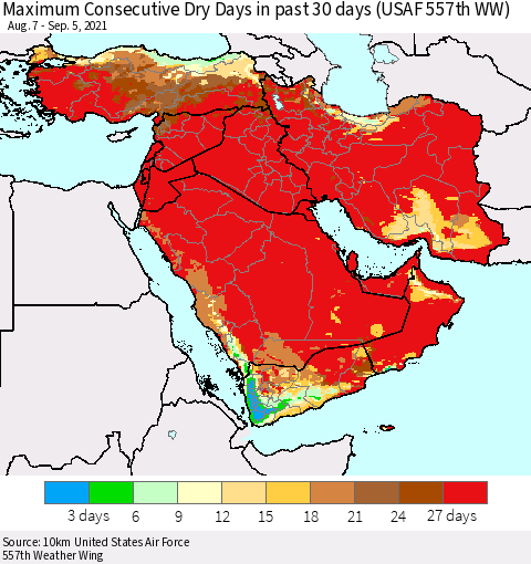 Middle East and Turkey Maximum Consecutive Dry Days in past 30 days (USAF 557th WW) 09/05/2021 Thematic Map For 9/1/2021 - 9/5/2021