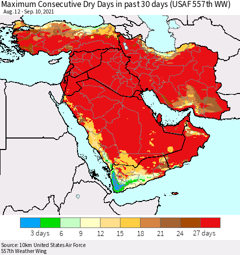 Middle East and Turkey Maximum Consecutive Dry Days in past 30 days (USAF 557th WW) 09/10/2021 Thematic Map For 9/6/2021 - 9/10/2021