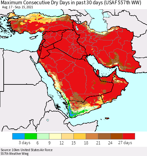 Middle East and Turkey Maximum Consecutive Dry Days in past 30 days (USAF 557th WW) 09/15/2021 Thematic Map For 9/11/2021 - 9/15/2021