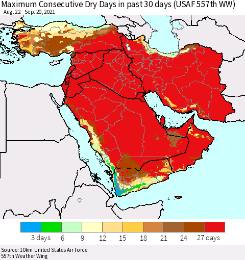 Middle East and Turkey Maximum Consecutive Dry Days in past 30 days (USAF 557th WW) 09/20/2021 Thematic Map For 9/16/2021 - 9/20/2021
