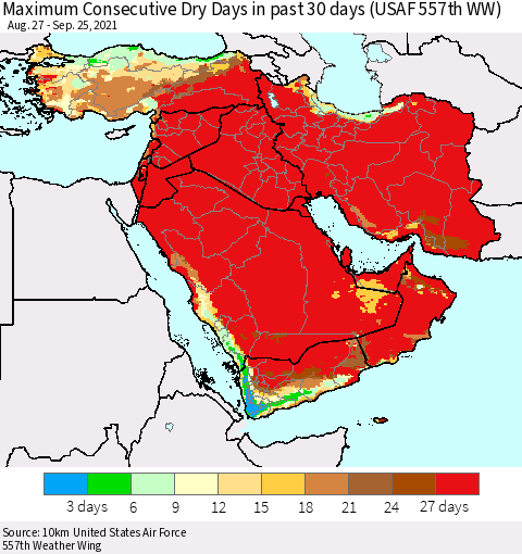 Middle East and Turkey Maximum Consecutive Dry Days in past 30 days (USAF 557th WW) 09/25/2021 Thematic Map For 9/21/2021 - 9/25/2021