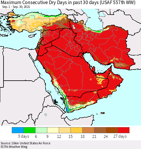 Middle East and Turkey Maximum Consecutive Dry Days in past 30 days (USAF 557th WW) 09/30/2021 Thematic Map For 9/26/2021 - 9/30/2021