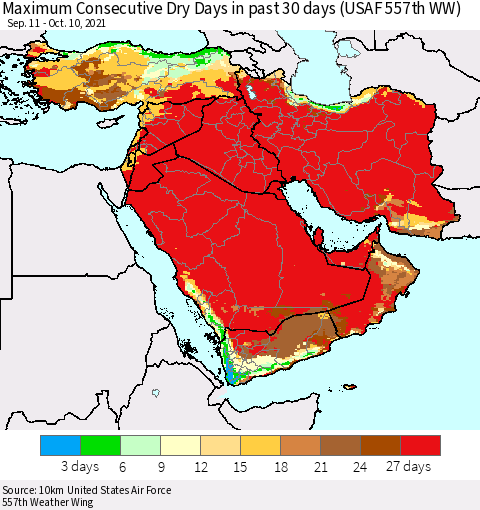 Middle East and Turkey Maximum Consecutive Dry Days in past 30 days (USAF 557th WW) 10/10/2021 Thematic Map For 10/6/2021 - 10/10/2021