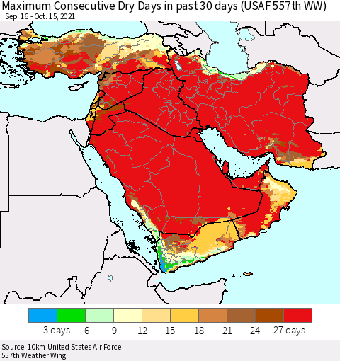 Middle East and Turkey Maximum Consecutive Dry Days in past 30 days (USAF 557th WW) 10/15/2021 Thematic Map For 10/11/2021 - 10/15/2021