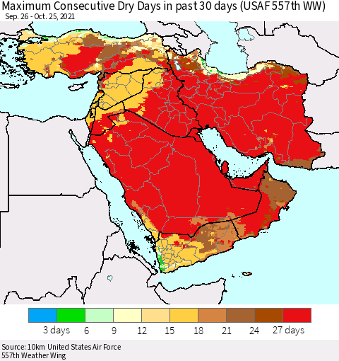 Middle East and Turkey Maximum Consecutive Dry Days in past 30 days (USAF 557th WW) 10/25/2021 Thematic Map For 10/21/2021 - 10/25/2021