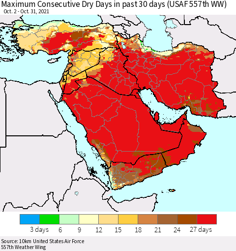 Middle East and Turkey Maximum Consecutive Dry Days in past 30 days (USAF 557th WW) 10/31/2021 Thematic Map For 10/26/2021 - 10/31/2021