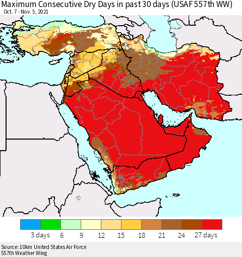 Middle East and Turkey Maximum Consecutive Dry Days in past 30 days (USAF 557th WW) 11/05/2021 Thematic Map For 11/1/2021 - 11/5/2021