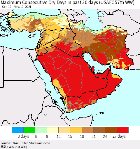 Middle East and Turkey Maximum Consecutive Dry Days in past 30 days (USAF 557th WW) 11/10/2021 Thematic Map For 11/6/2021 - 11/10/2021