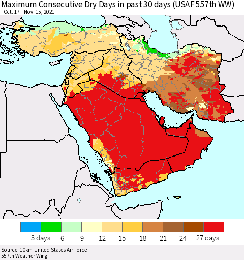 Middle East and Turkey Maximum Consecutive Dry Days in past 30 days (USAF 557th WW) 11/15/2021 Thematic Map For 11/11/2021 - 11/15/2021