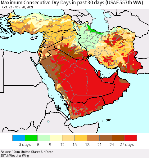 Middle East and Turkey Maximum Consecutive Dry Days in past 30 days (USAF 557th WW) 11/20/2021 Thematic Map For 11/16/2021 - 11/20/2021
