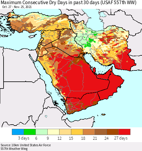 Middle East and Turkey Maximum Consecutive Dry Days in past 30 days (USAF 557th WW) 11/25/2021 Thematic Map For 11/21/2021 - 11/25/2021