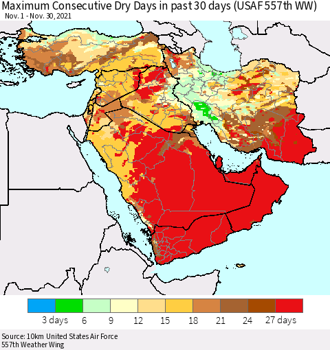 Middle East and Turkey Maximum Consecutive Dry Days in past 30 days (USAF 557th WW) 11/30/2021 Thematic Map For 11/26/2021 - 11/30/2021
