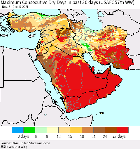 Middle East and Turkey Maximum Consecutive Dry Days in past 30 days (USAF 557th WW) 12/05/2021 Thematic Map For 12/1/2021 - 12/5/2021