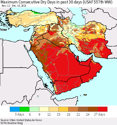Middle East and Turkey Maximum Consecutive Dry Days in past 30 days (USAF 557th WW) 12/10/2021 Thematic Map For 12/6/2021 - 12/10/2021
